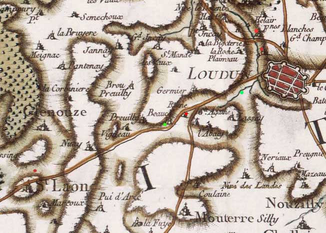 Carte de Cassini avec report des fontaines de Salmon Macrin reportes en rouge