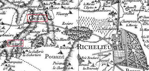 Extrait de la Carte de Cassini montrant Ceaux-en-Loudun et Jou