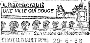 Flamme postale de Châtellerault avec les slogans : Une ville qui bouge, Son musée de l'Automobile.