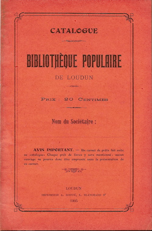 Couverture carnet abonn  la Bibliothque populaire de Loudun en 1905