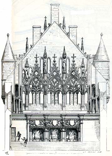 Gravure reprsentant le groupe de 3 chemines de la salle des pas perdus dans le palais de ducs du Poitou  Poitiers (France-Vienne)