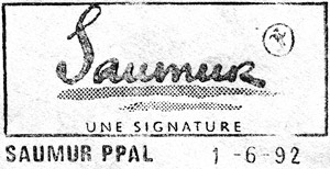 Flamme postale de Saumur avec le slogan "Une signature"